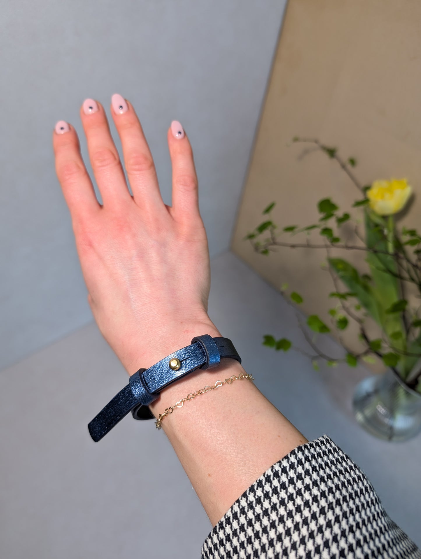 Bracelet with brass fastener in metallic blue